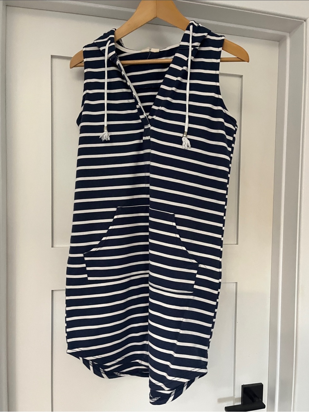 Striped Navy Hooded Sleeveless Swim Coverup